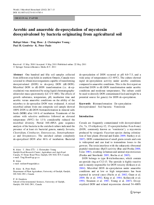(PDF) Aerobic and anaerobic de-epoxydation of mycotoxin deoxynivalenol ...