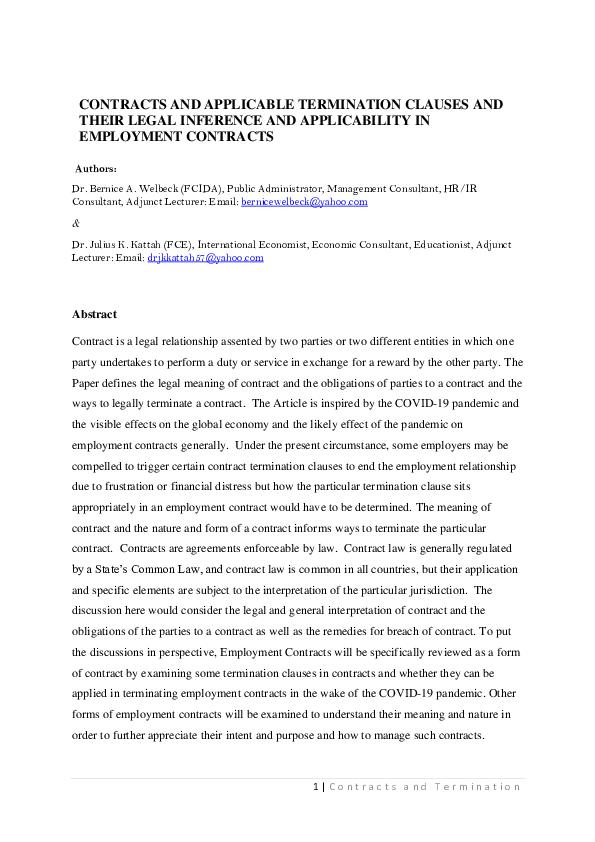 (PDF) CONTRACTS AND APPLICABLE TERMINATION CLAUSES AND THEIR LEGAL ...