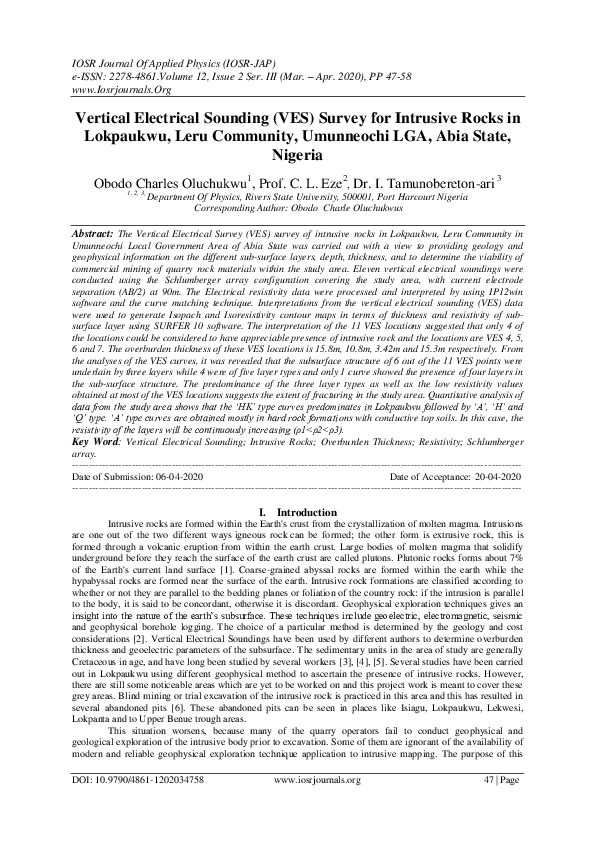 (PDF) Vertical Electrical Sounding (VES) Survey for Intrusive Rocks in ...
