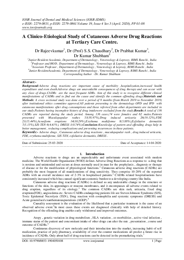 (PDF) A Clinico-Etiological Study of Cutaneous Adverse Drug Reactions ...