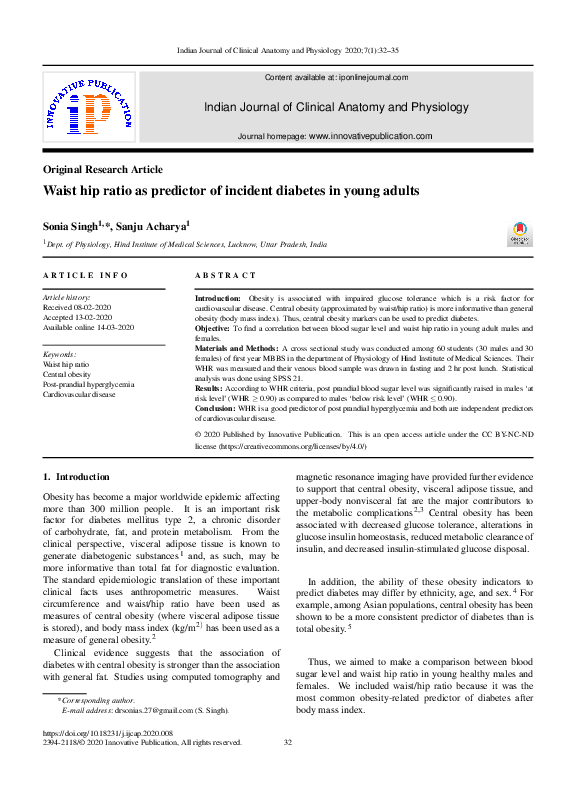 (PDF) Waist hip ratio as predictor of incident diabetes in young adults