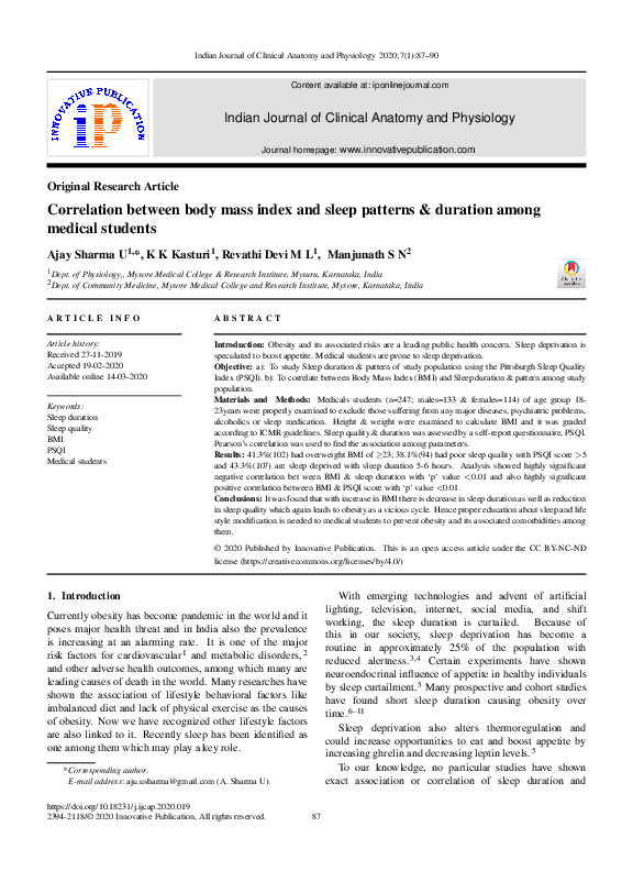 (PDF) Correlation between body mass index and sleep patterns & duration ...