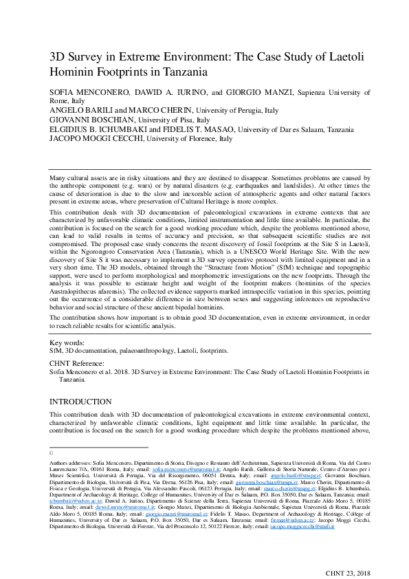 Pdf 3d Survey In Extreme Environment The Case Study Of Laetoli Hominin Footprints In Tanzania Sofia Menconero And Elgidius Ichumbaki Academia Edu