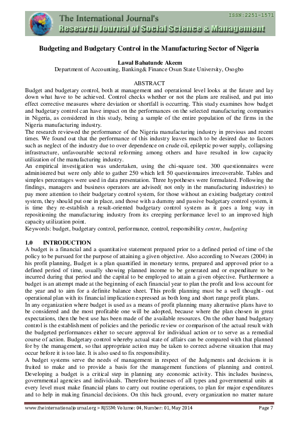 (PDF) Budgeting and Budgetary Control in the Manufacturing Sector of ...