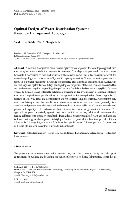 (PDF) Optimal Design of Water Distribution Systems Based on Entropy and ...