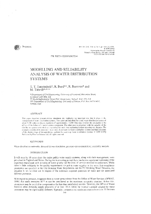 (PDF) Modelling and Reliability Analysis of Water Distribution Systems