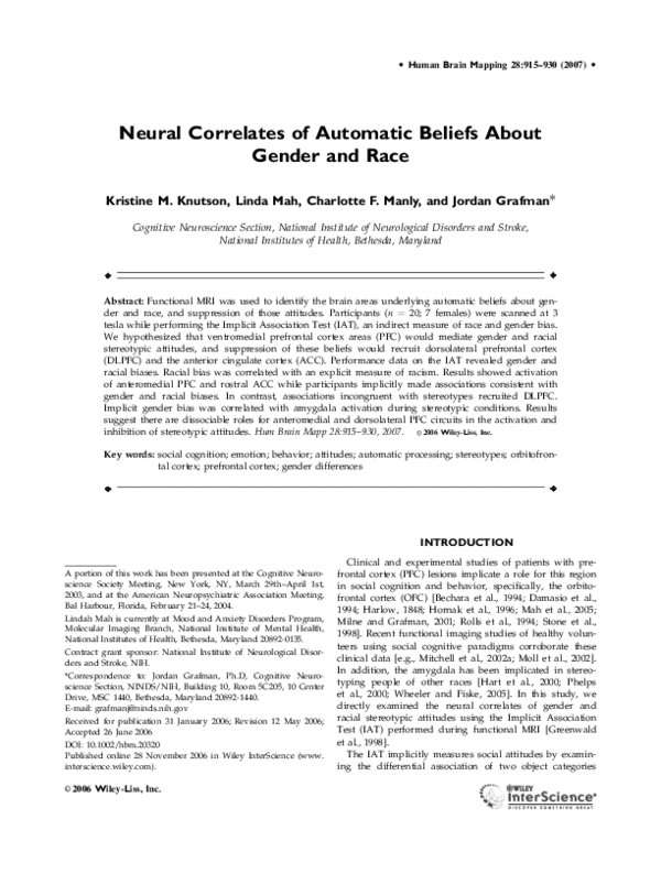 (PDF) Neural correlates of automatic beliefs about gender and race