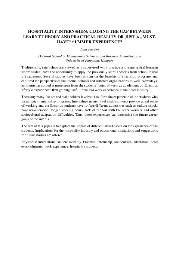 Pdf Hospitality Internships Closing The Gap Between Learnt Theory And Practical Reality Or Just A Must Have Summer Experience Judit Pasztor Academia Edu<script async src=