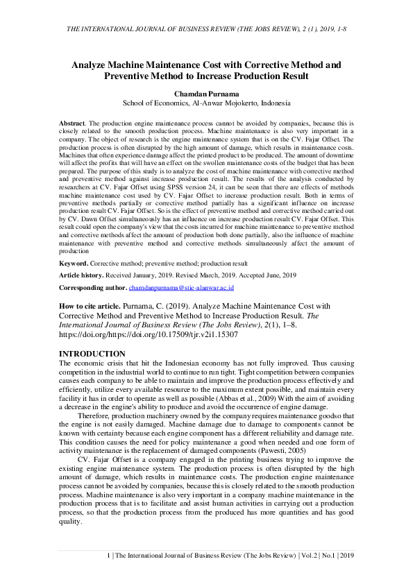 (PDF) Analyze Machine Maintenance Cost with Corrective Method and ...