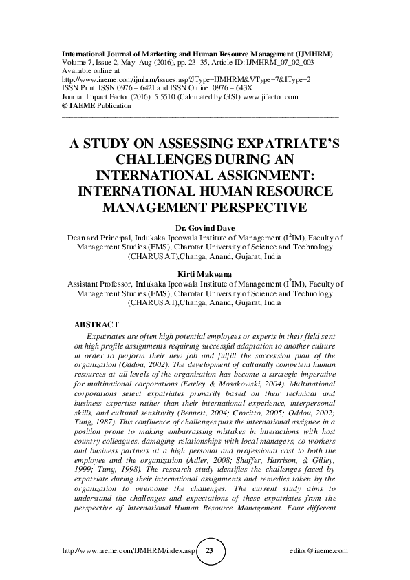 (PDF) A STUDY ON ASSESSING EXPATRIATE'S CHALLENGES DURING AN ...