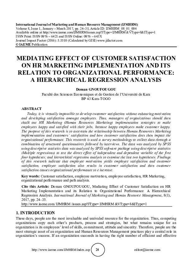 (PDF) MEDIATING EFFECT OF CUSTOMER SATISFACTION ON HR MARKETING ...