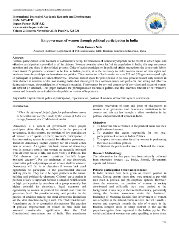 (PDF) Empowerment of women through political participation in India