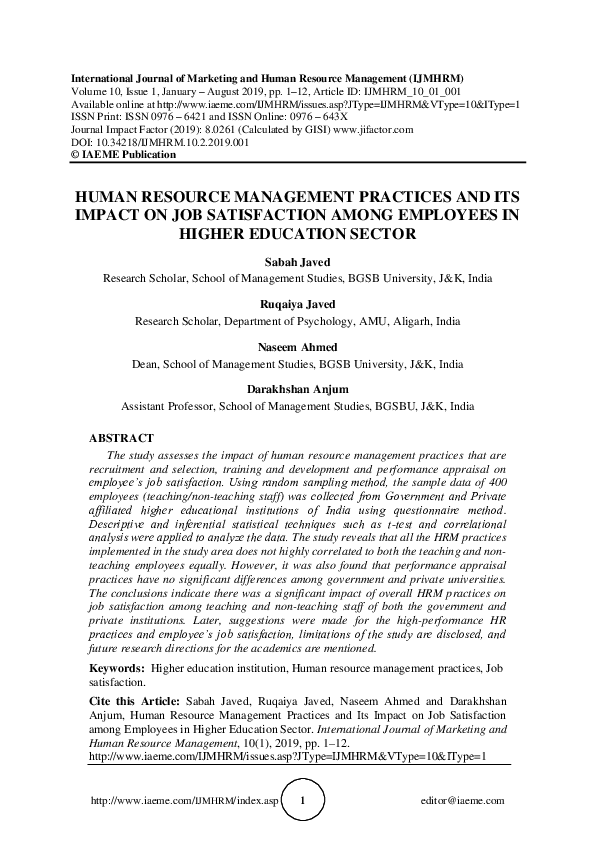 (PDF) Human Resource Management Practices and Its Impact on Job ...