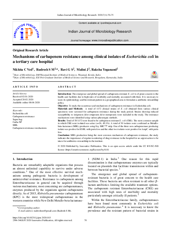 (PDF) Mechanisms of carbapenem resistance among clinical isolates of ...