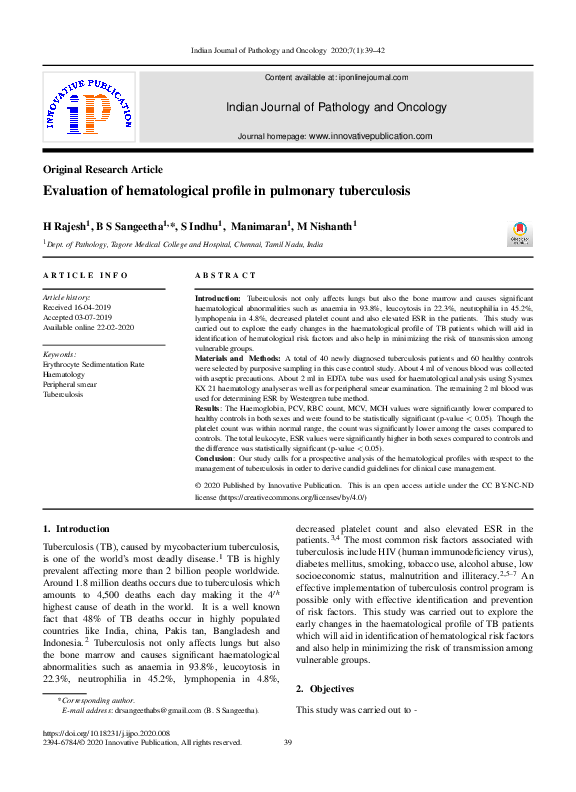 (PDF) Evaluation of hematological profile in pulmonary tuberculosis
