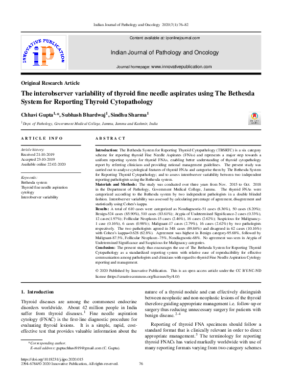(PDF) The interobserver variability of thyroid fine needle aspirates ...
