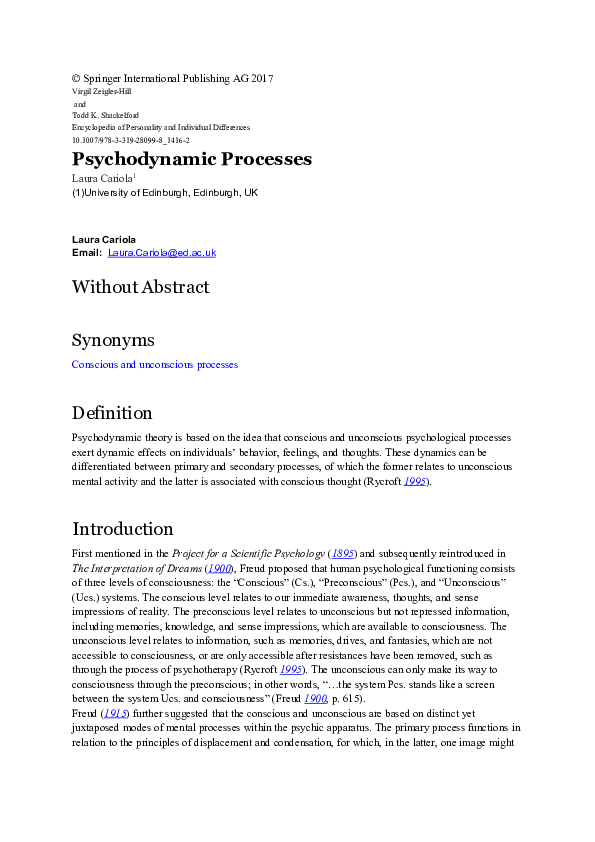 Doc Psychodynamic Processes In V Zeigler Hill T K Shackelford Eds Encyclopedia Of Personality And Individual Differences London Uk Springer Laura A Cariola Academia Edu