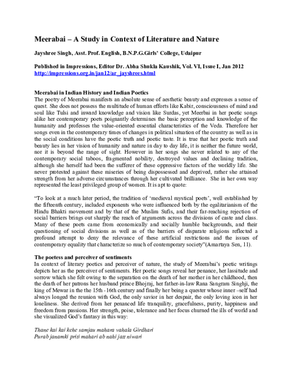 Doc Meerabai A Study In Context Of Literature And Nature Dr Abha Shukla Kaushik Academia Edu
