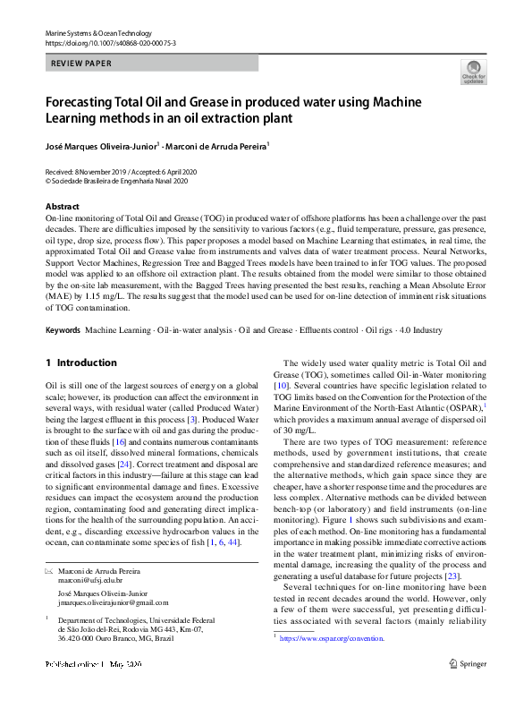 (PDF) Forecasting Total Oil and Grease in produced water using Machine