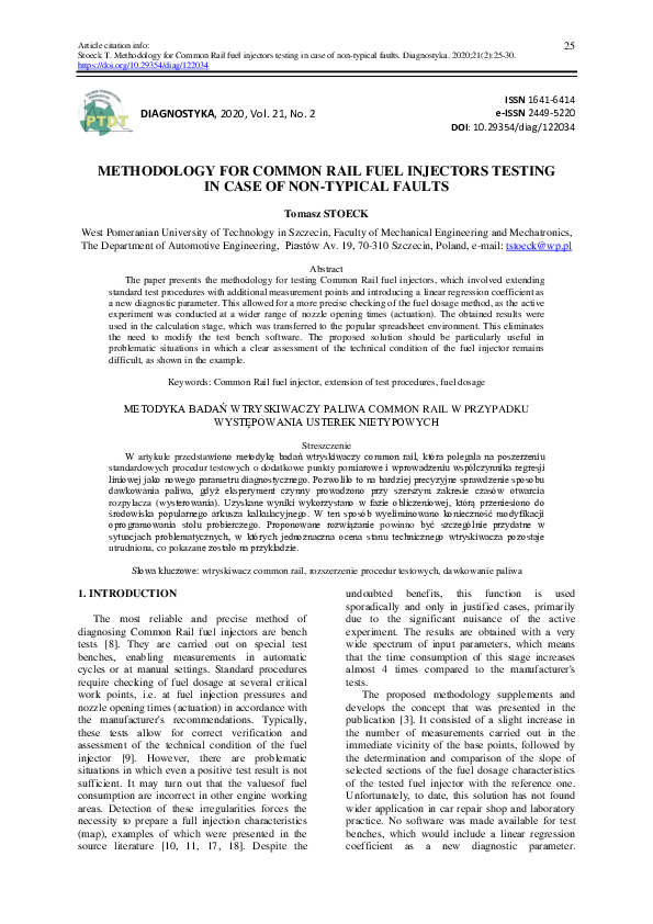 (PDF) METHODOLOGY FOR COMMON RAIL FUEL INJECTORS TESTING IN CASE OF NONTYPICAL FAULTS Tomasz
