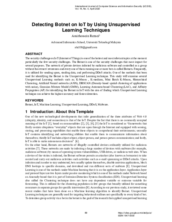 (PDF) Detecting Botnet on IoT by Using Unsupervised Learning Techniques