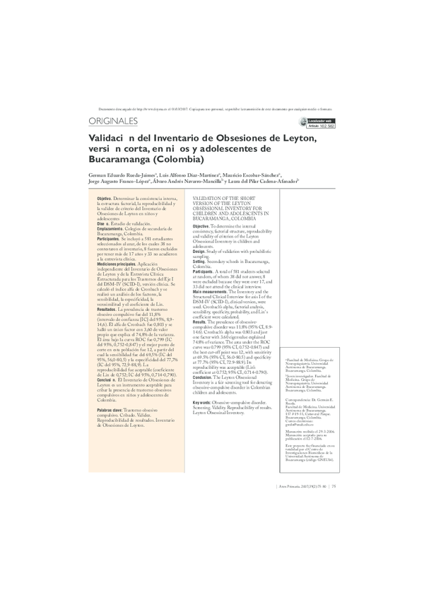 (PDF) Validation of the short version of the Leyton obsessional ...