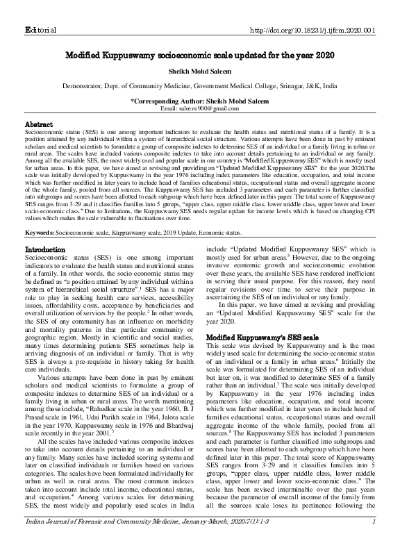 (PDF) Modified Kuppuswamy socioeconomic scale updated for the year 2020