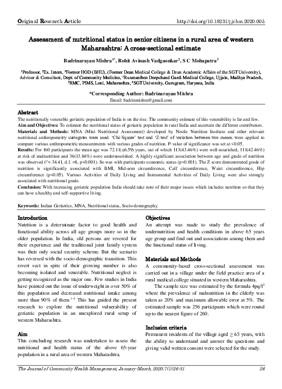 (PDF) Assessment of nutritional status in senior citizens in a rural ...