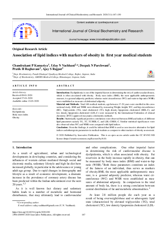(PDF) Association of lipid indices with markers of obesity in first ...
