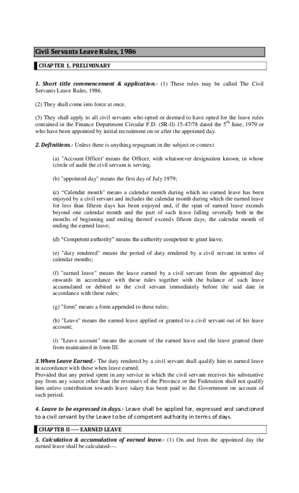 (PDF) Civil Servants Leave Rules, 1986 CHAPTER 1, PRELIMINARY Rajput