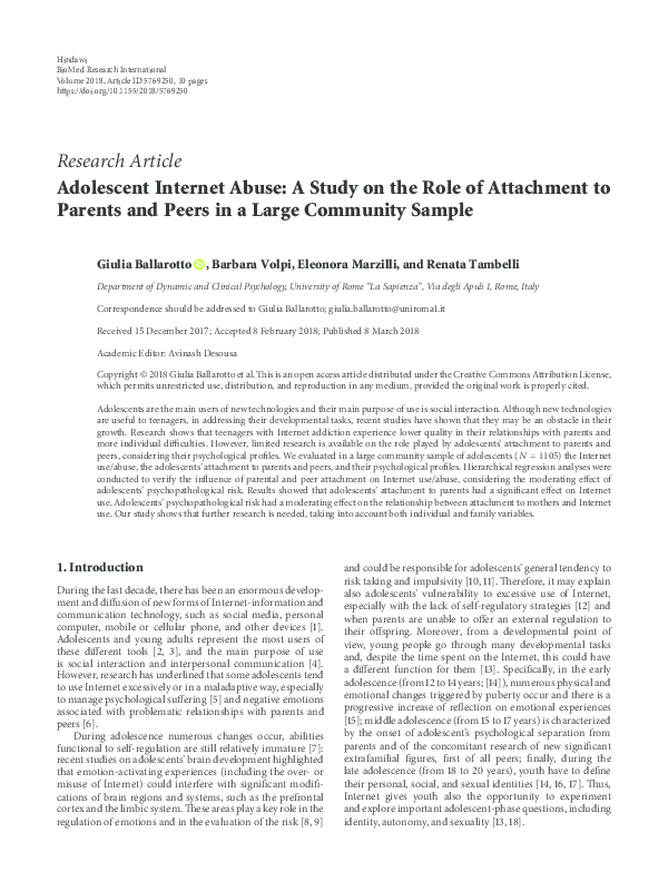 (PDF) Adolescent Internet Abuse: A Study on the Role of Attachment to ...