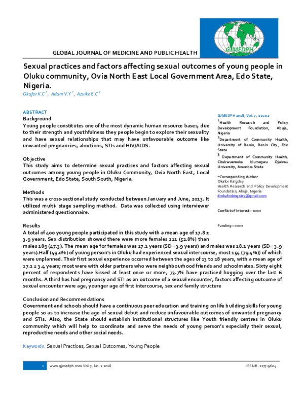 (PDF) Sexual practices and factors affecting sexual outcome of young ...