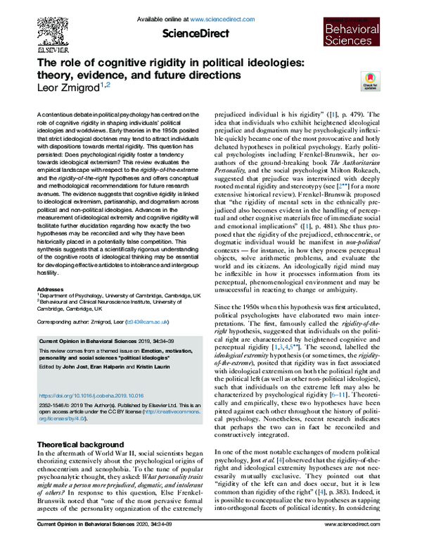 (PDF) The role of cognitive rigidity in political ideologies: theory ...