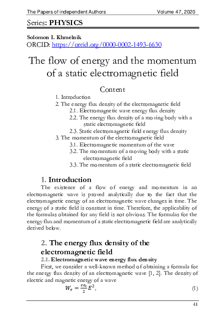 (PDF) The flow of energy and the momentum of a static electromagnetic field