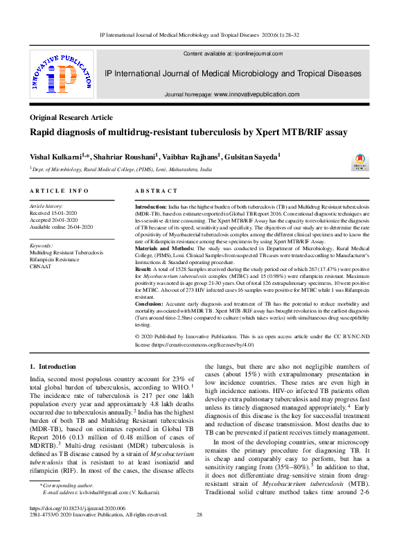 (PDF) Rapid diagnosis of multidrugresistant tuberculosis by Xpert MTB