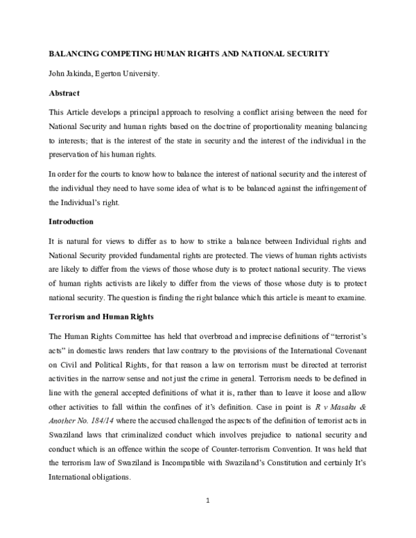 (DOC) BALANCING COMPETING HUMAN RIGHTS AND NATIONAL SECURITY