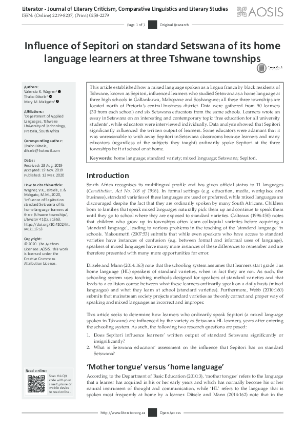 (PDF) Influence of Sepitori on standard Setswana of its home language