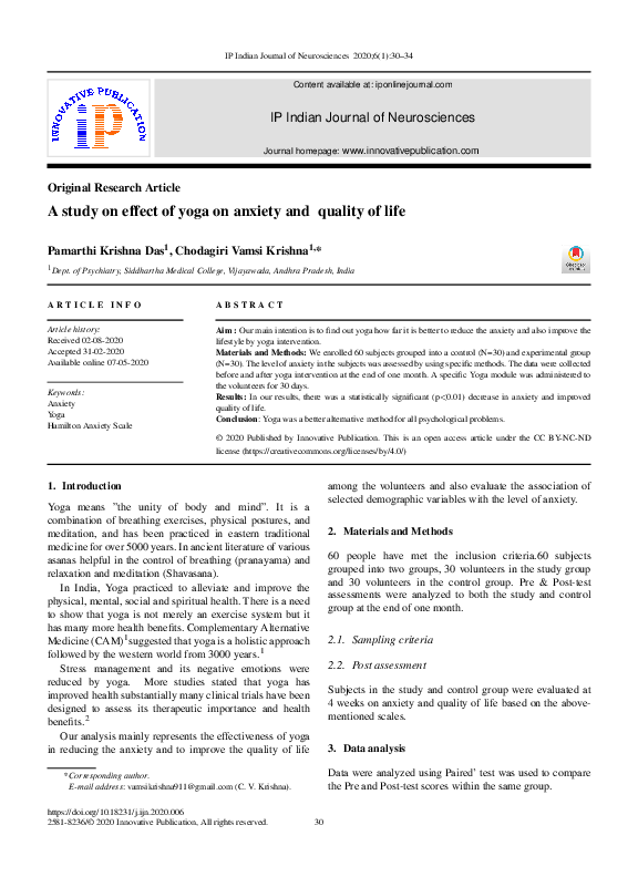 (PDF) A study on effect of yoga on anxiety and quality of life
