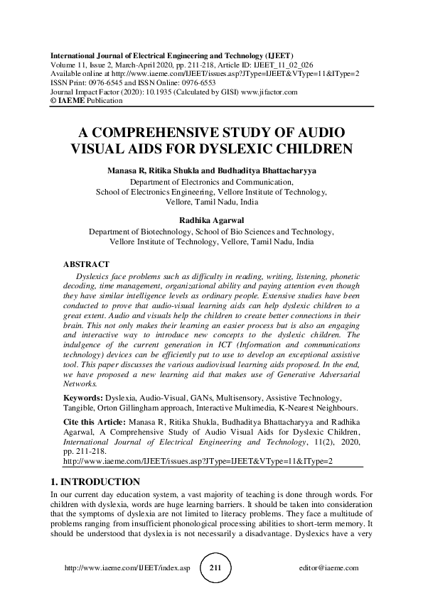 (PDF) A COMPREHENSIVE STUDY OF AUDIO VISUAL AIDS FOR DYSLEXIC CHILDREN