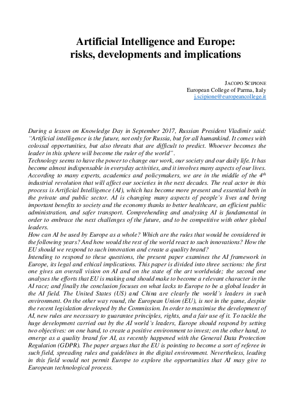 (PDF) Artificial Intelligence and Europe: risks, developments and ...