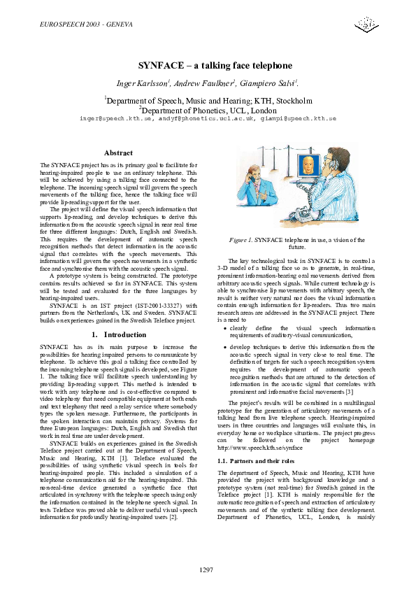 Pdf Synface A Talking Face Telephone