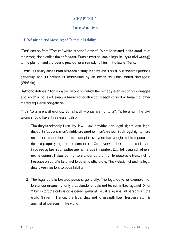 (PDF) Torts Notes for LLB , Sem - 1
