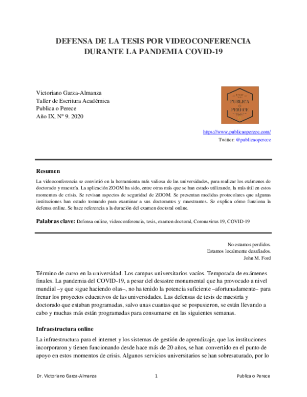 (PDF) DEFENSA DE LA TESIS POR VIDEOCONFERENCIA DURANTE LA PANDEMIA COVID-19