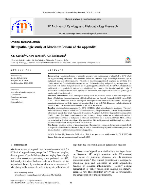 (PDF) Histopathologic study of Mucinous lesions of the appendix