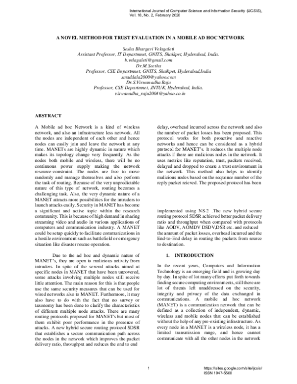 (PDF) A Novel Method for Trust Evaluation in a Mobile Ad Hoc Network