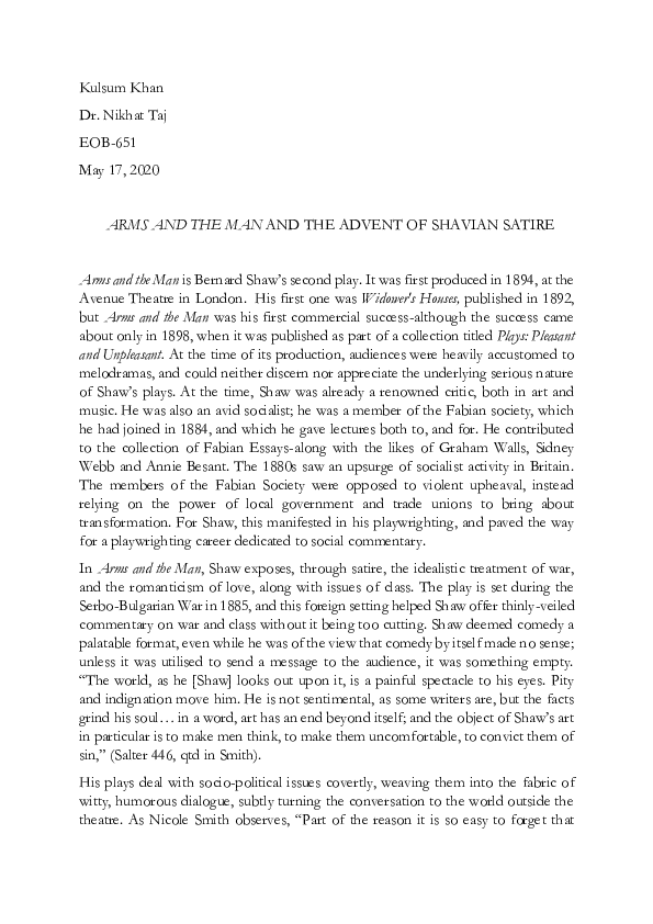 (PDF) Arms and the Man The Advent of Shavian Satire Kulsum Khan Academia.edu