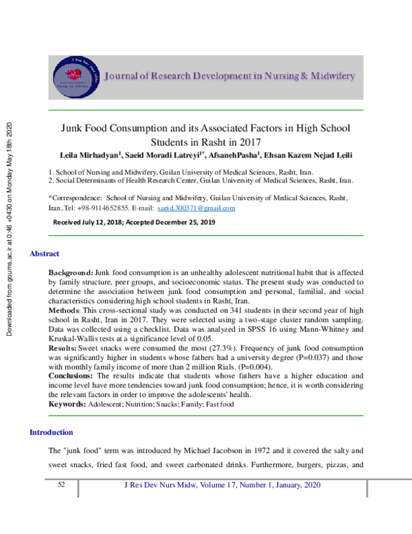 (PDF) Junk Food Consumption and its Associated Factors in High School ...