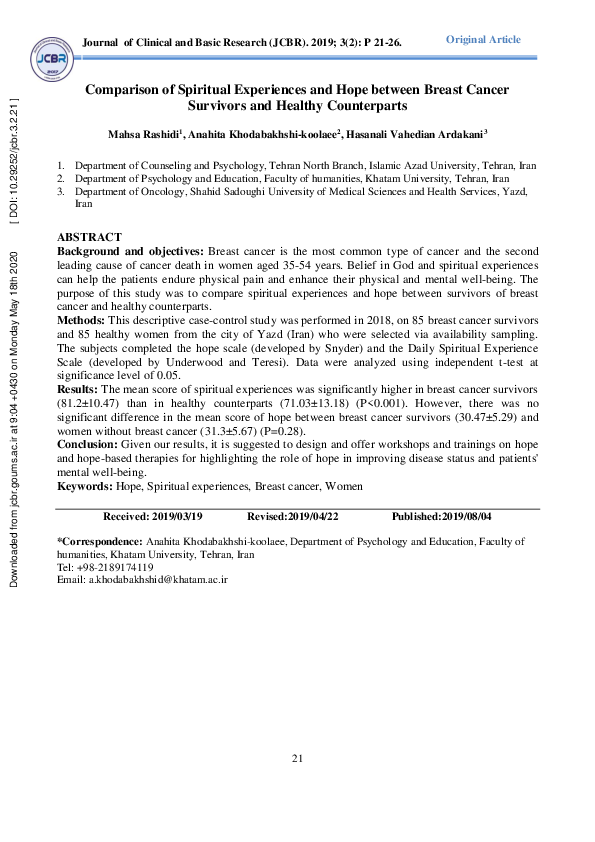 (PDF) Comparison of Spiritual Experiences and Hope between Breast ...