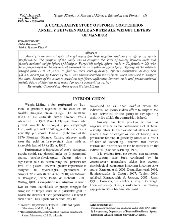 (PDF) A COMPARATIVE STUDY OF SPORTS COMPETITION ANXIETY BETWEEN MALE ...