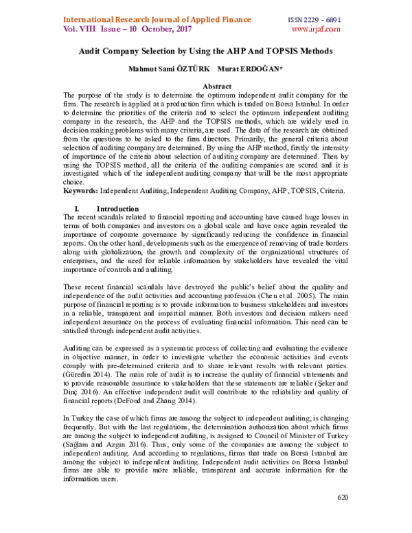 (PDF) Audit Company Selection by Using the AHP And TOPSIS Methods